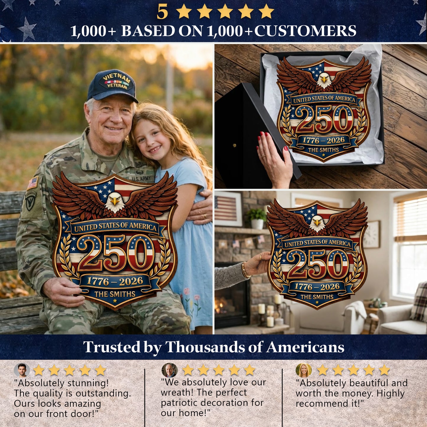 Custom Wood Sign - Personalized America 250th Anniversary Gifts For Mom, Dad, Brother, Sister, Kids
