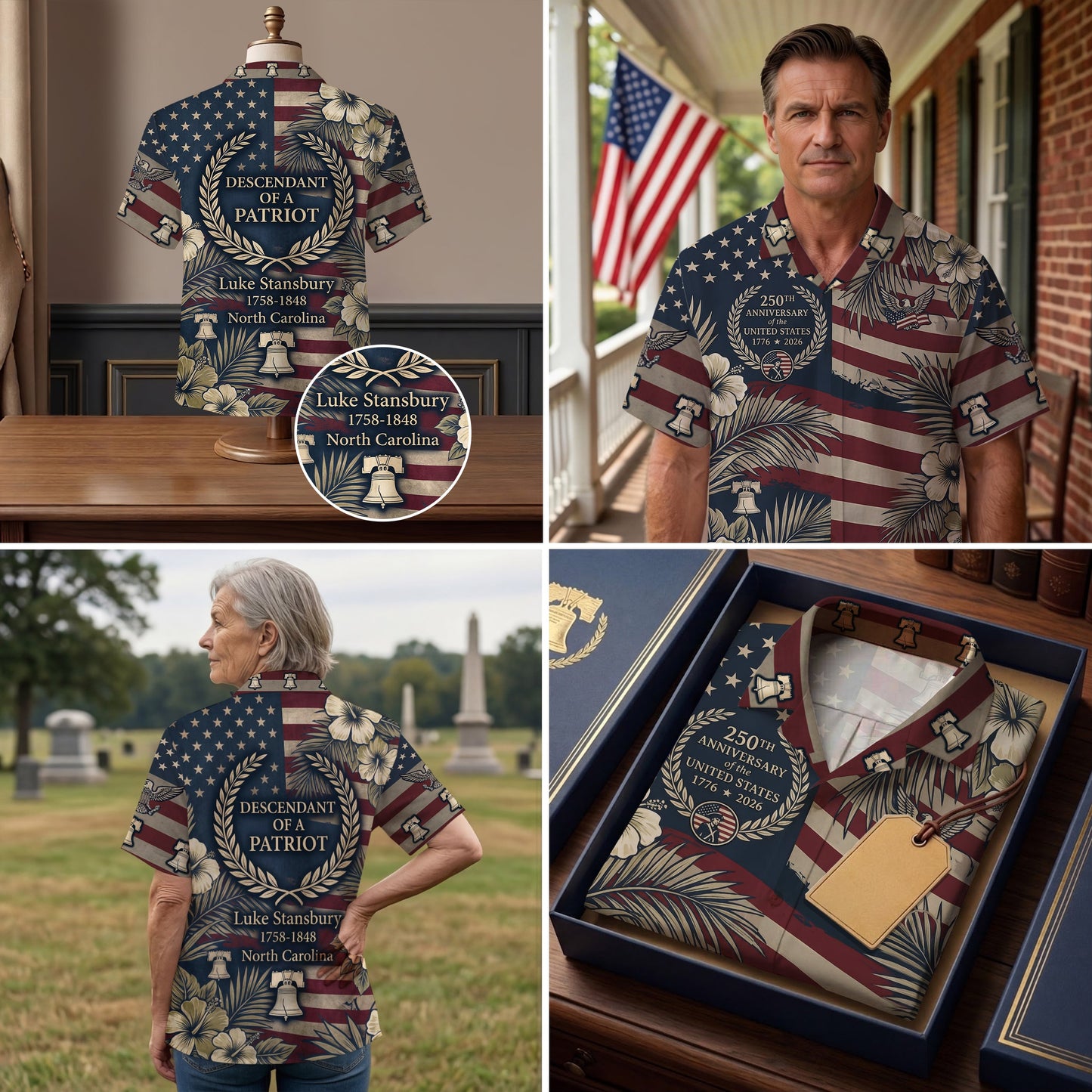 Personalized 250 Years of America Hawaiian Shirt, Custom Name Descendant of a Patriot, Luke Stansbury 1758-1848 Tee