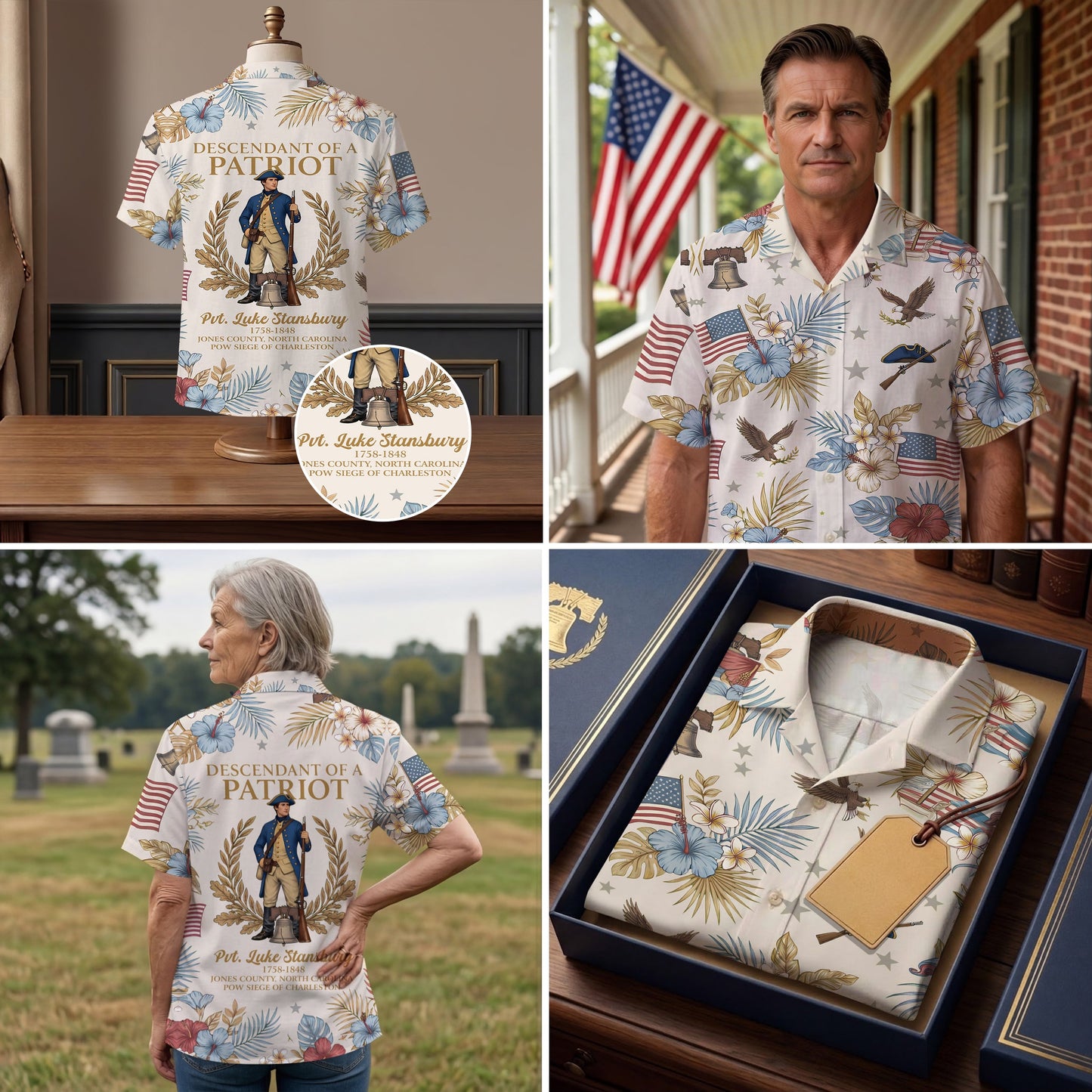 Personalized 250 Years of America Hawaiian Shirt, Custom Name Descendant of a Patriot, Luke Stansbury 1758-1848 Tee