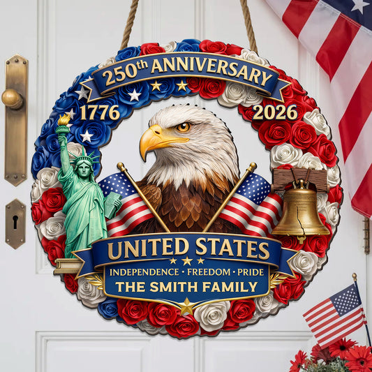 Custom Family Name Wood Sign- Personalized America 250th Anniversary Gifts For Mom, Dad, Brother, Sister, Kids - Family Forever United