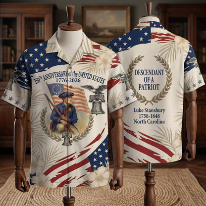 Personalized 250 Years of America Hawaiian Shirt, Custom Name Descendant of a Patriot, Patriotic 1776–2026 Tee