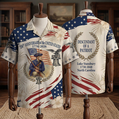 Personalized 250 Years of America Hawaiian Shirt, Custom Name Descendant of a Patriot, Patriotic 1776–2026 Tee