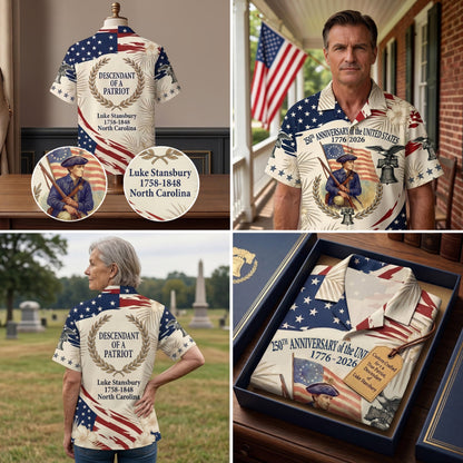 Personalized 250 Years of America Hawaiian Shirt, Custom Name Descendant of a Patriot, Patriotic 1776–2026 Tee