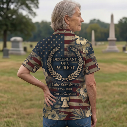 Personalized 250 Years of America Hawaiian Shirt, Custom Name Descendant of a Patriot, Luke Stansbury 1758-1848 Tee