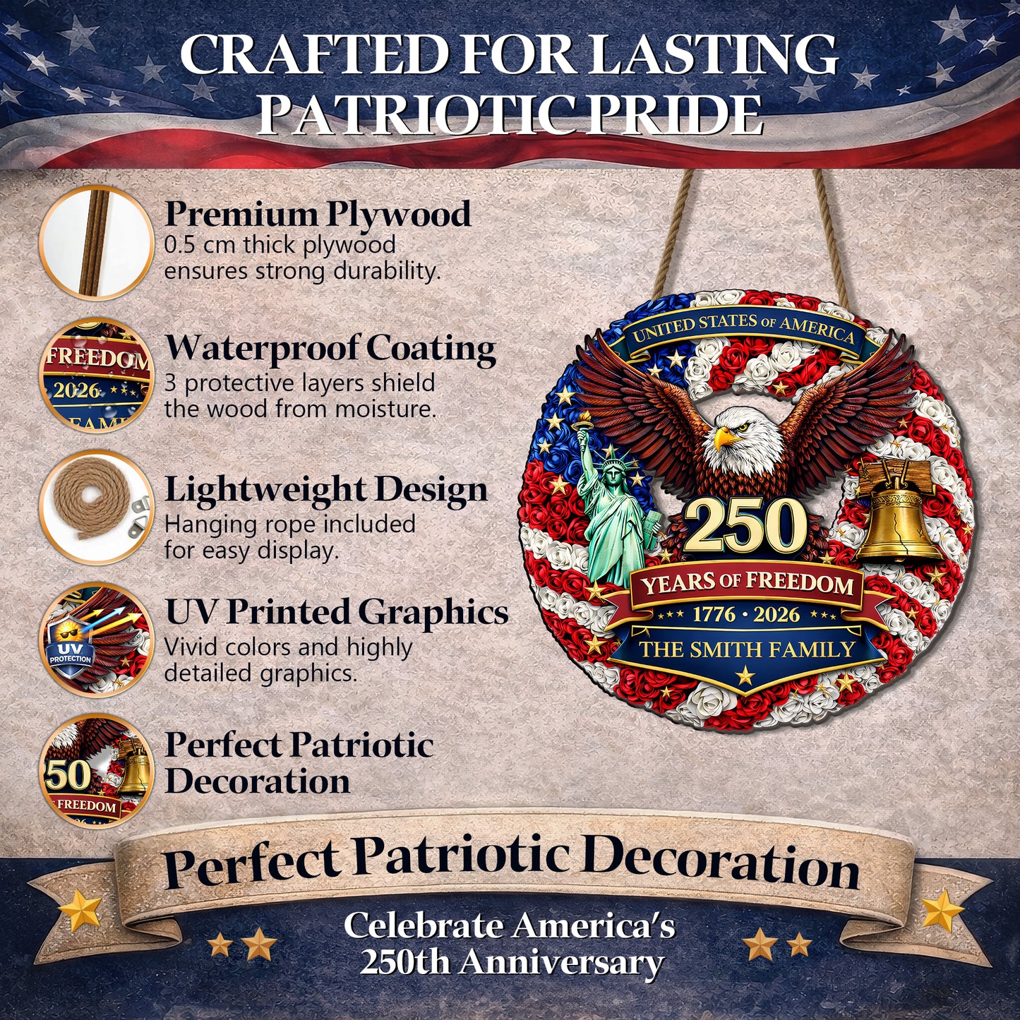 Custom Wood Sign - Personalized America 250th Anniversary Gifts For Mom, Dad, Brother, Sister, Kids - Proud Hearts Rise Together