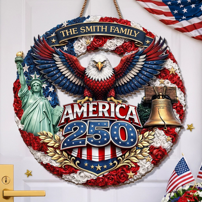 Custom Family Name Wood Sign- Personalized America 250th Anniversary Gifts For Mom, Dad, Brother, Sister, Kids - Family Forever United