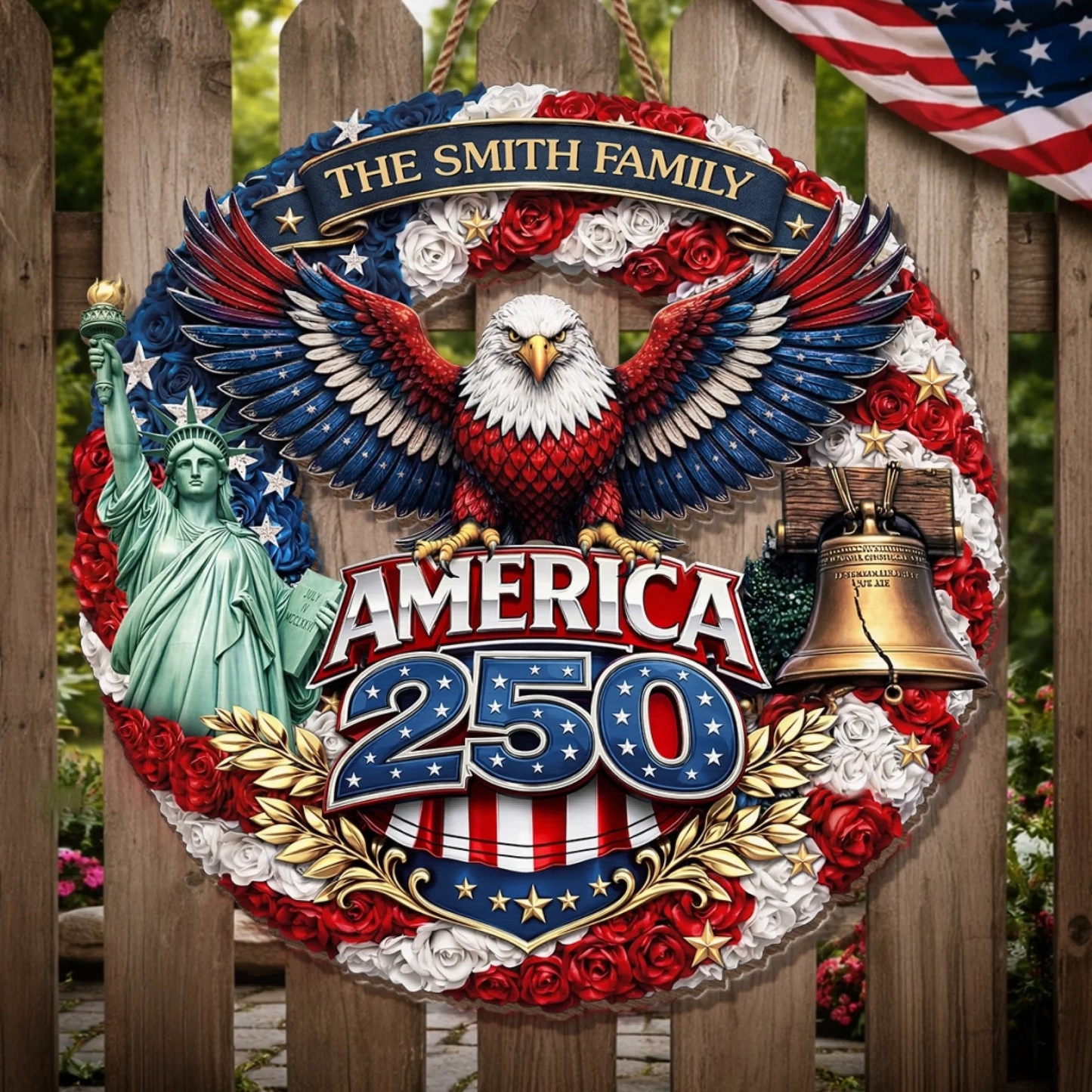Custom Family Name Wood Sign- Personalized America 250th Anniversary Gifts For Mom, Dad, Brother, Sister, Kids - Family Forever United