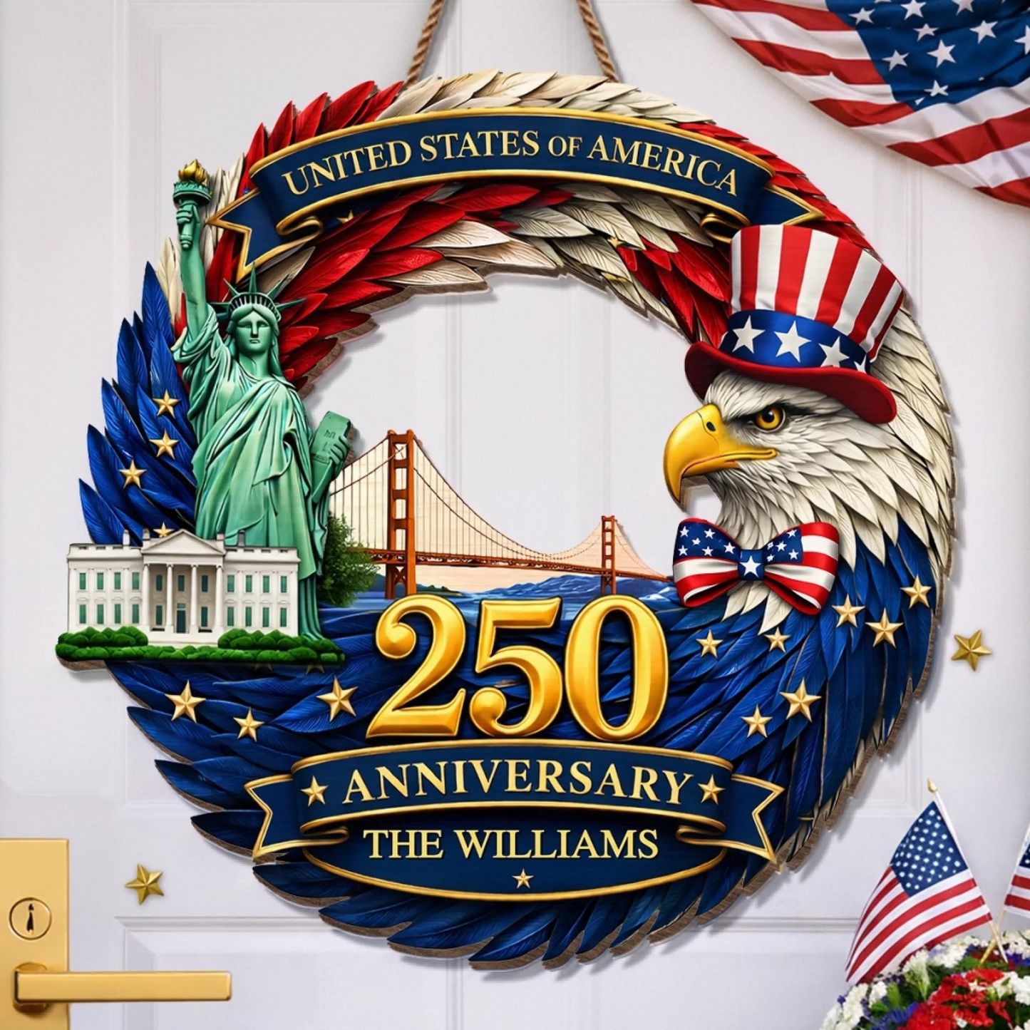 Custom Family Name Wood Sign- Personalized America 250th Anniversary Gifts For Mom, Dad, Brother, Sister, Kids - Family Forever United