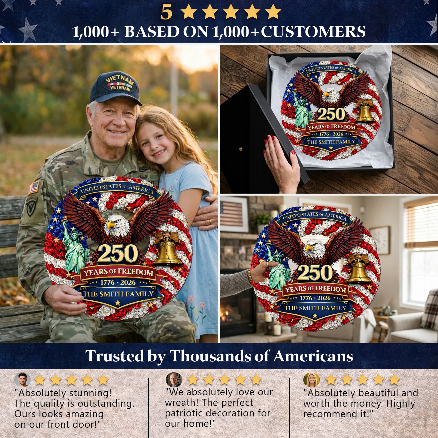 Custom Wood Sign - Personalized America 250th Anniversary Gifts For Mom, Dad, Brother, Sister, Kids - Proud Hearts Rise Together