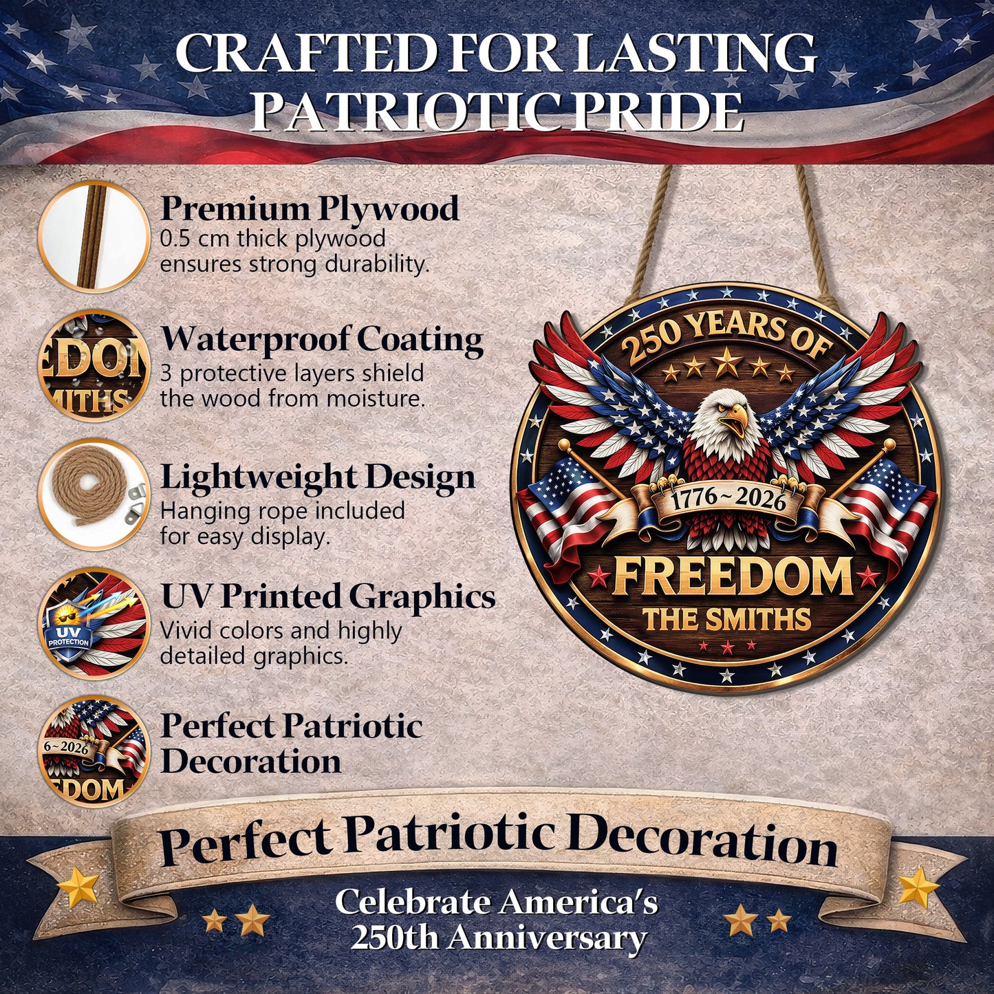 Custom Wood Sign - Personalized America 250th Anniversary Gifts For Mom, Dad, Brother, Sister, Kids - Proud Of Our Shared Story