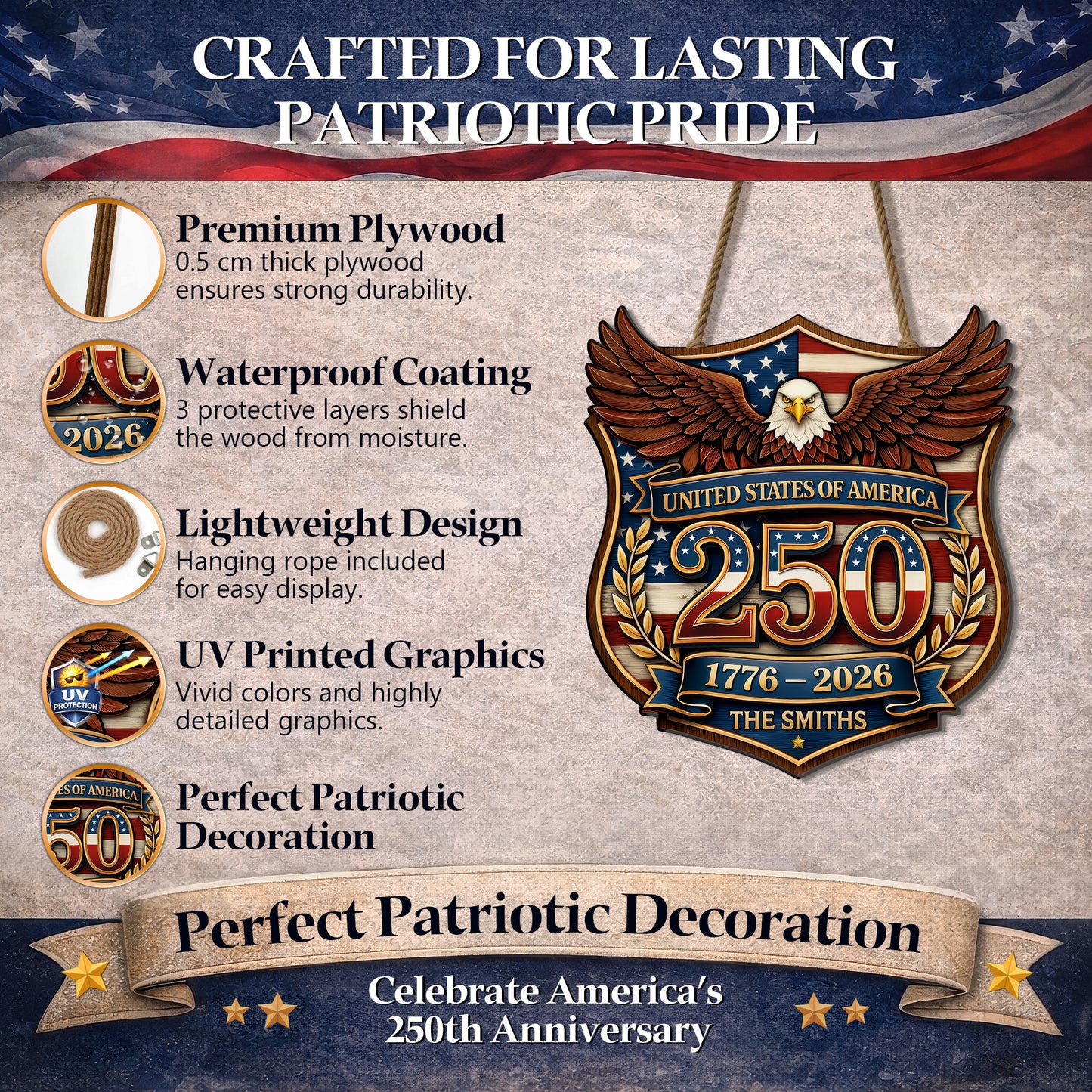 Custom Wood Sign - Personalized America 250th Anniversary Gifts For Mom, Dad, Brother, Sister, Kids