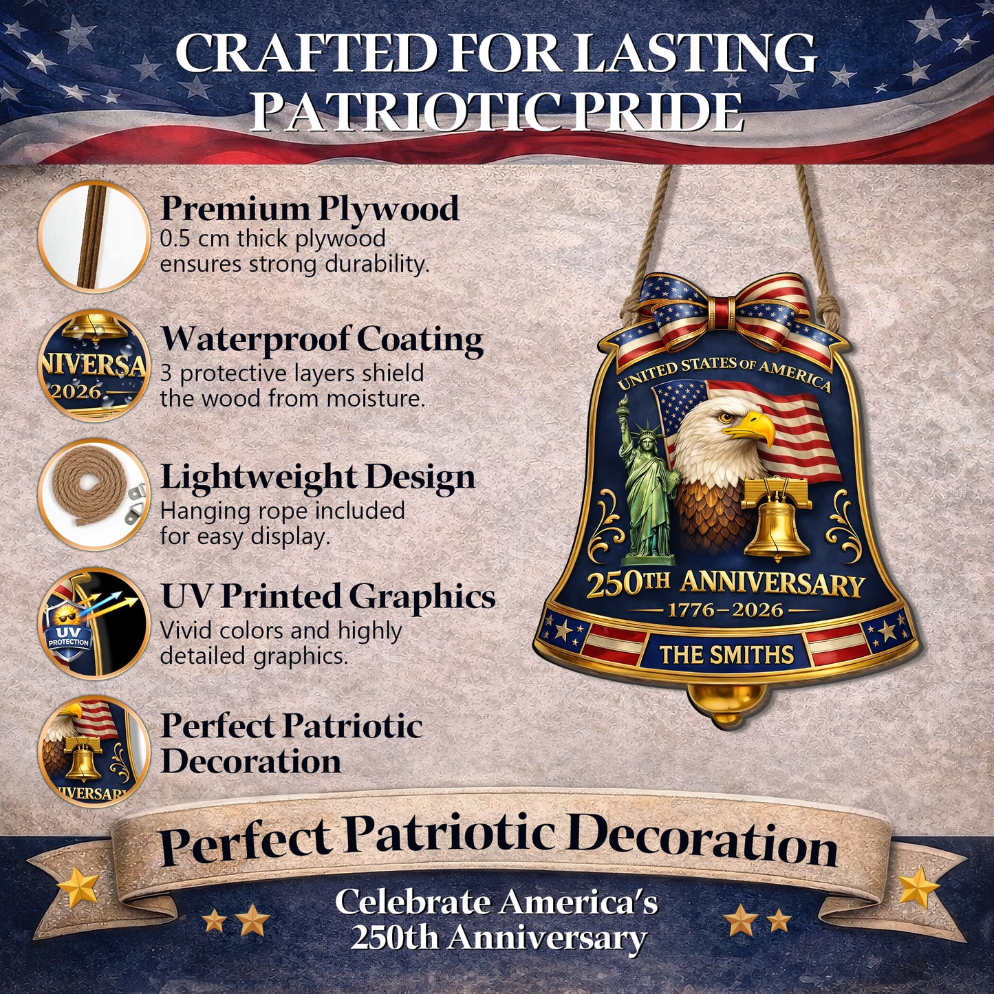 Custom Wood Sign - Personalized America 250th Anniversary Gifts For Mom, Dad, Brother, Sister, Kids