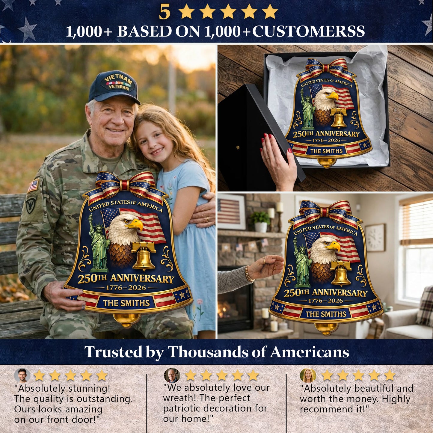 Custom Wood Sign - Personalized America 250th Anniversary Gifts For Mom, Dad, Brother, Sister, Kids