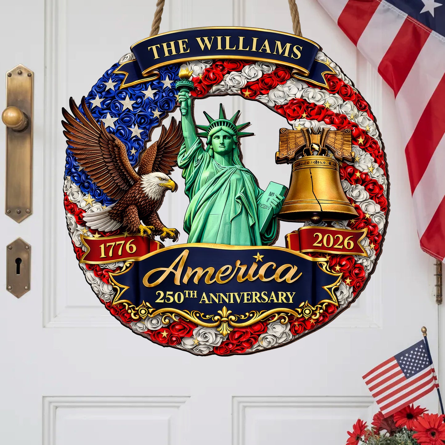 Custom Family Name Wood Sign- Personalized America 250th Anniversary Gifts For Mom, Dad, Brother, Sister, Kids - Family Forever United