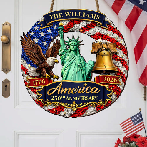 Custom Family Name Wood Sign- Personalized America 250th Anniversary Gifts For Mom, Dad, Brother, Sister, Kids - Family Forever United