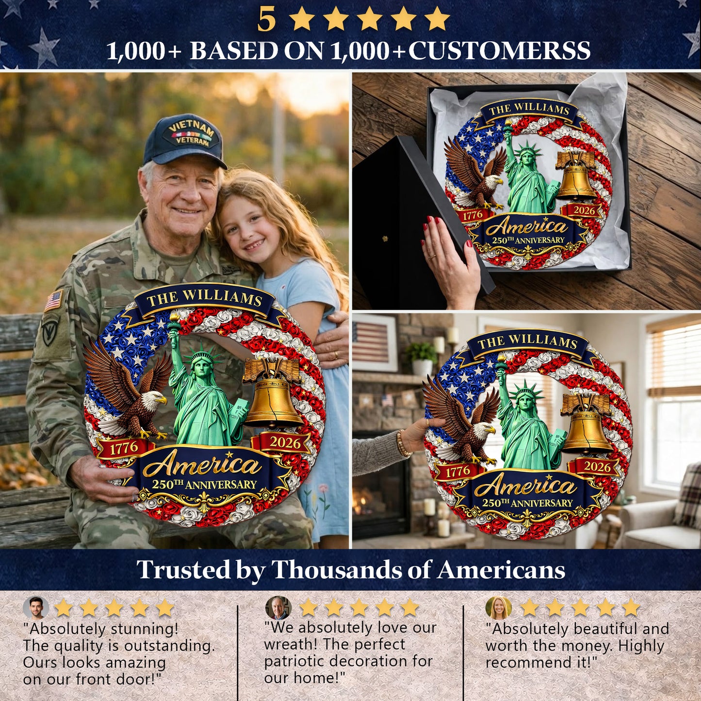 Custom Family Name Wood Sign- Personalized America 250th Anniversary Gifts For Mom, Dad, Brother, Sister, Kids - Family Forever United