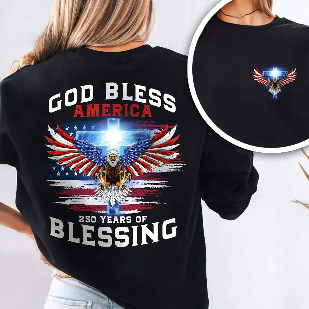250 Years of Blessing Shirt, Patriotic God Bless America Eagle Back & Front Dark Shirt