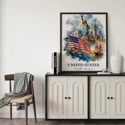 United States Skyline Watercolor Art Poster/Canvas