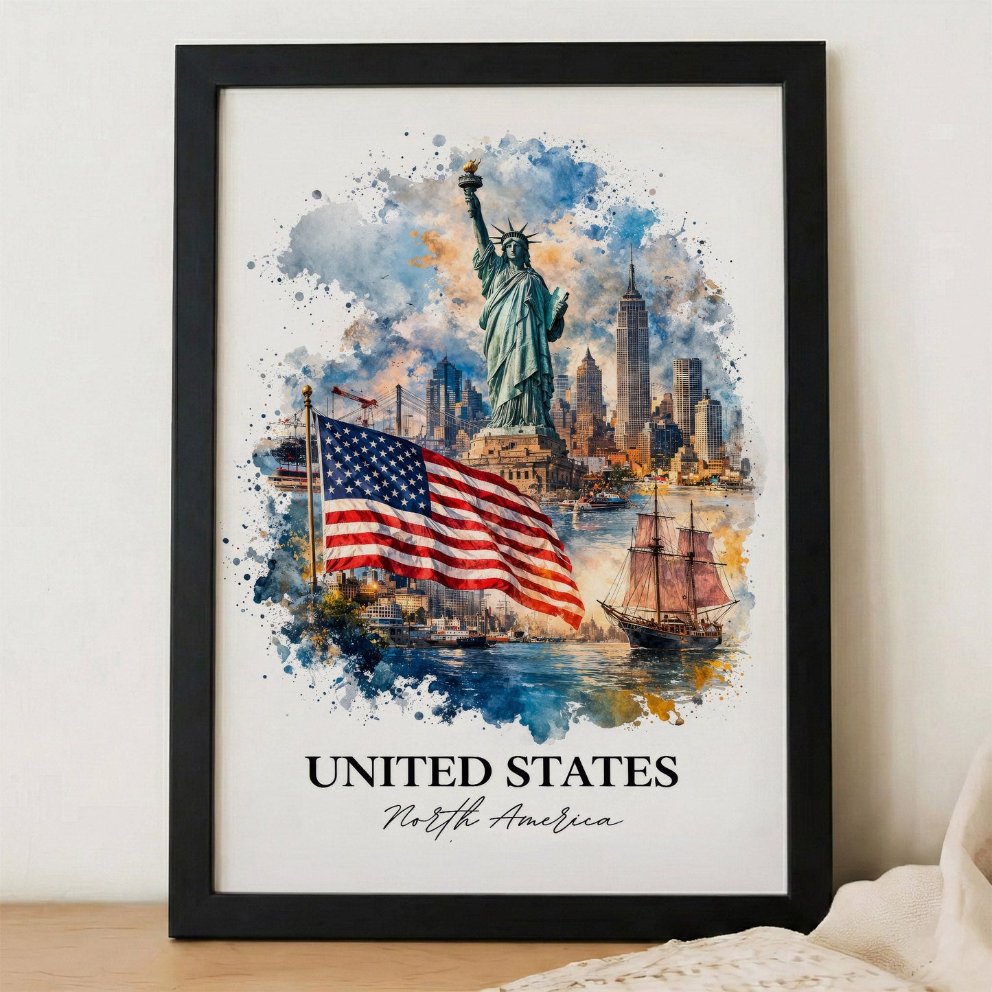 United States Skyline Watercolor Art Poster/Canvas