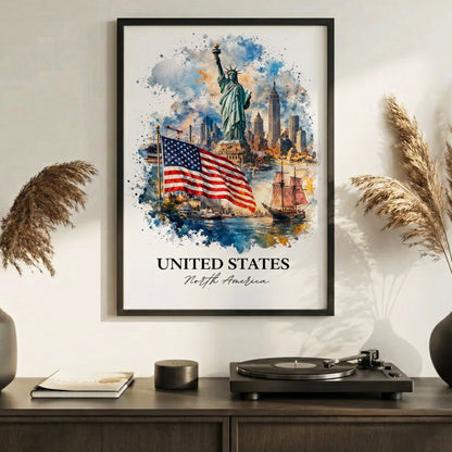 United States Skyline Watercolor Art Poster/Canvas