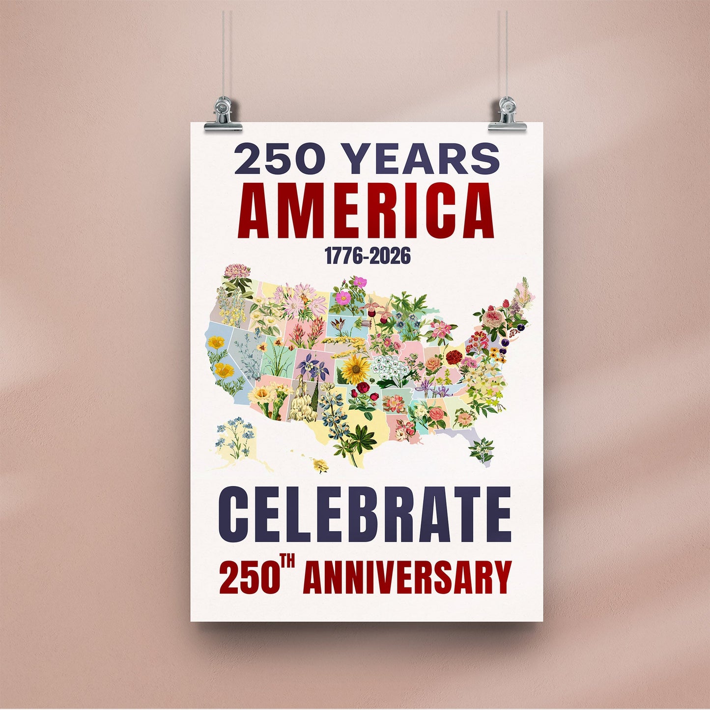 Celebrate 250 Floral USA Map Poster/Canvas