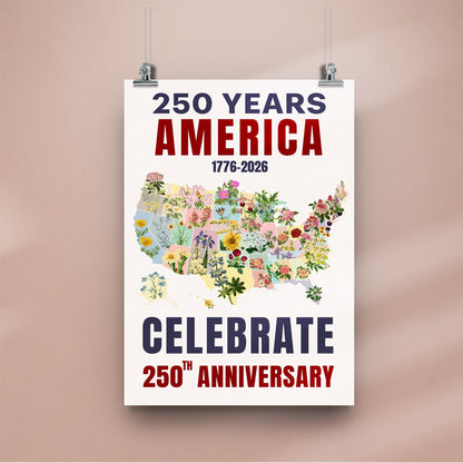 Celebrate 250 Floral USA Map Poster/Canvas