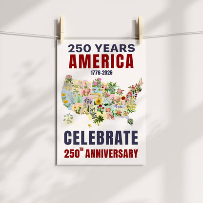 Celebrate 250 Floral USA Map Poster/Canvas