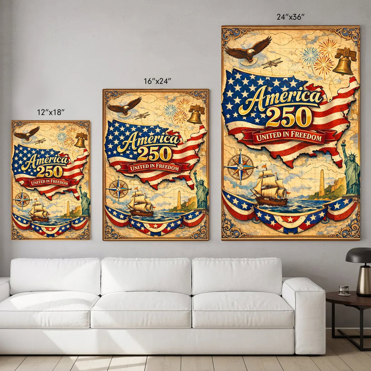 America 250 United in Freedom Vintage Map Poster/Canvas