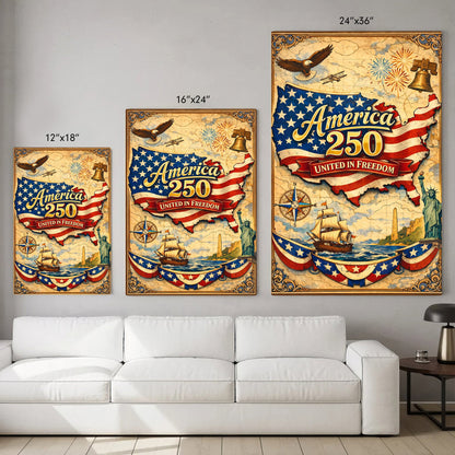 America 250 United in Freedom Vintage Map Poster/Canvas