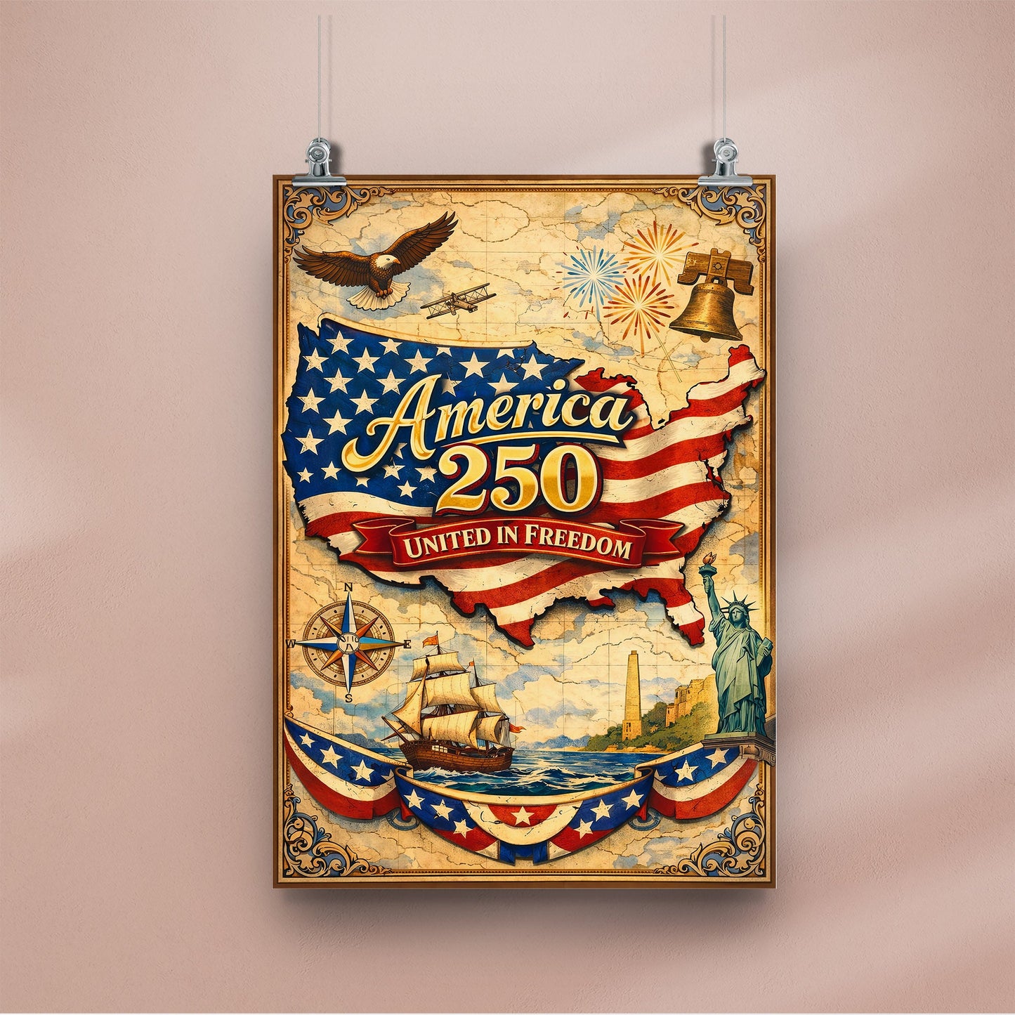America 250 United in Freedom Vintage Map Poster/Canvas