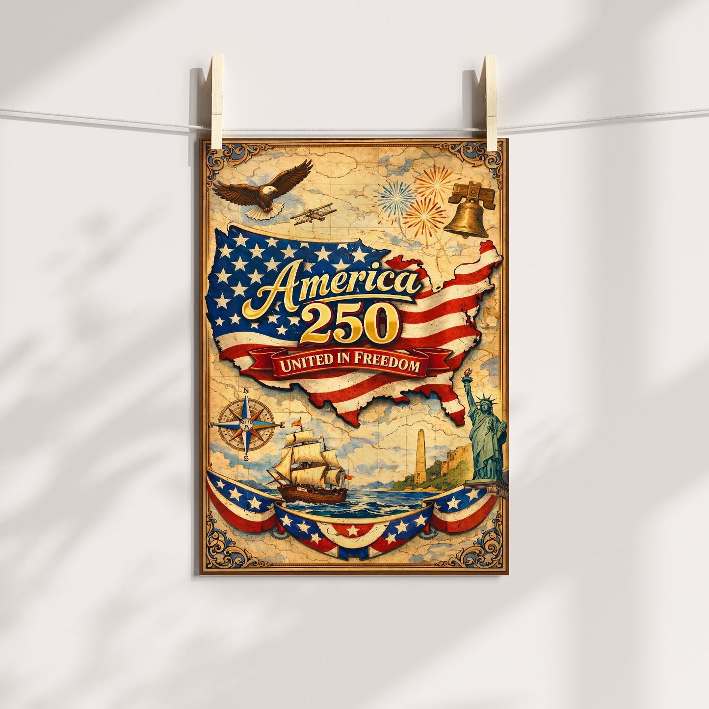 America 250 United in Freedom Vintage Map Poster/Canvas