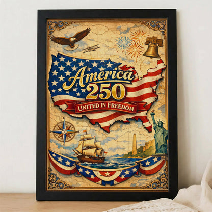 America 250 United in Freedom Vintage Map Poster/Canvas