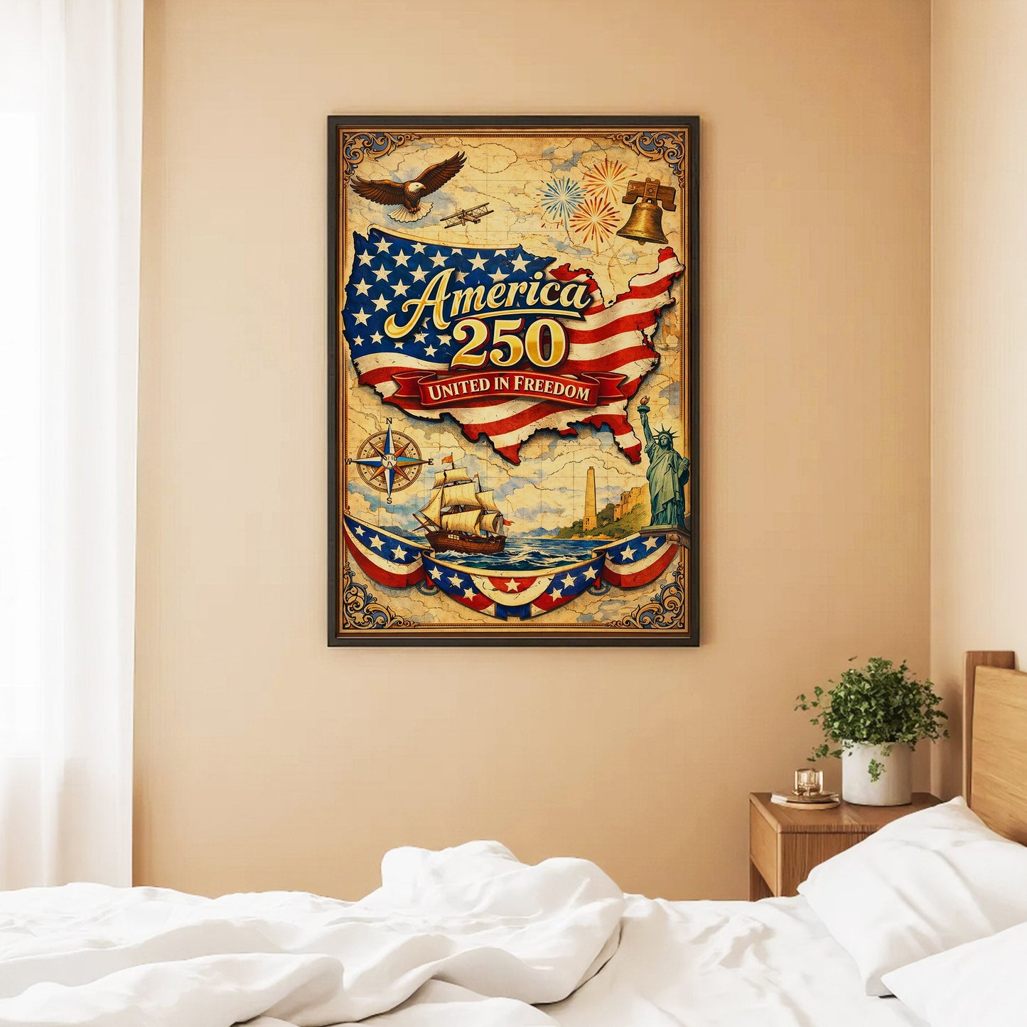 America 250 United in Freedom Vintage Map Poster/Canvas