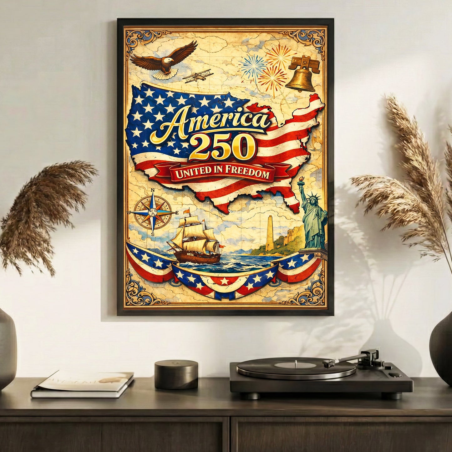 America 250 United in Freedom Vintage Map Poster/Canvas