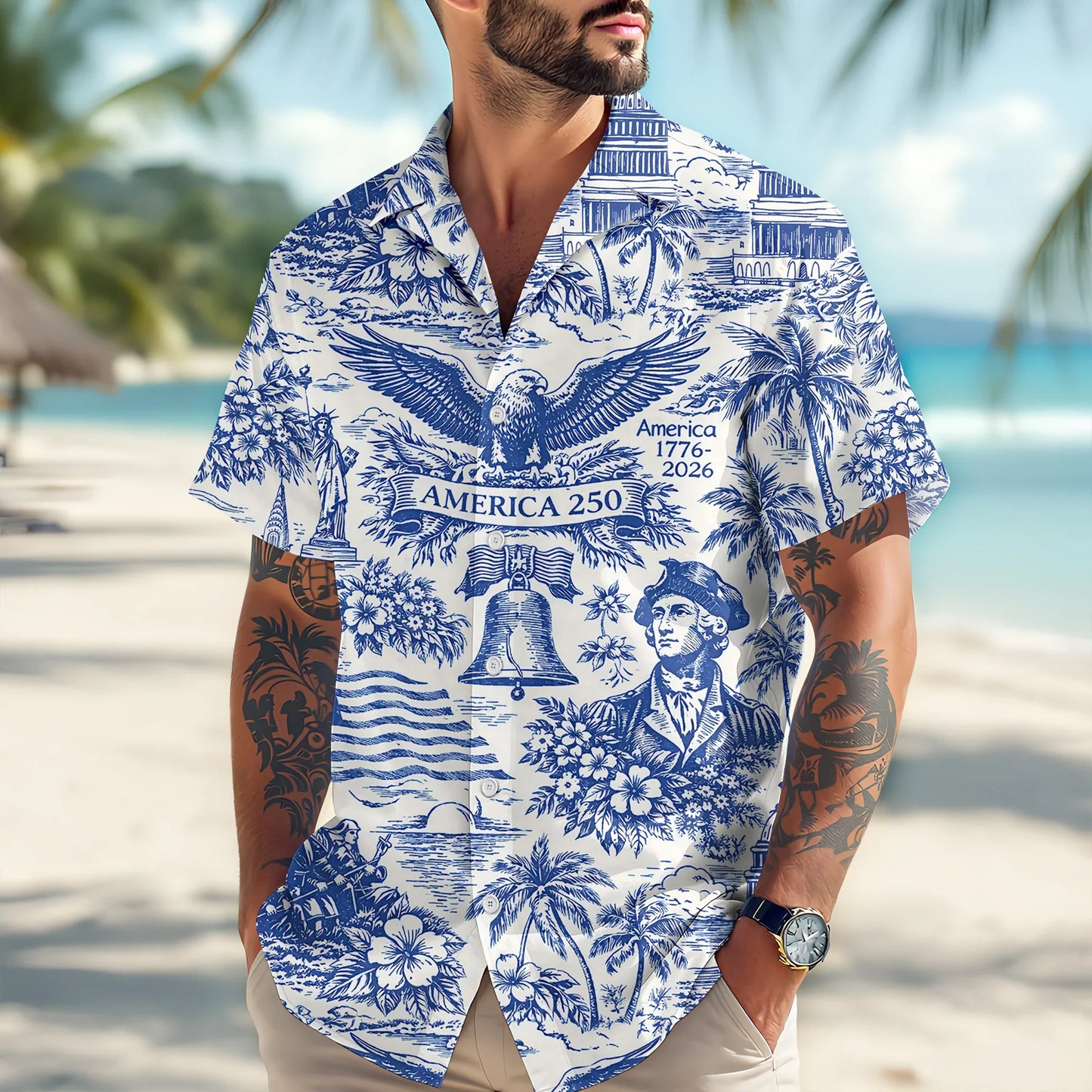 America 250th Anniversary Toile De Jouy Style Patriotic Hawaii Shirt