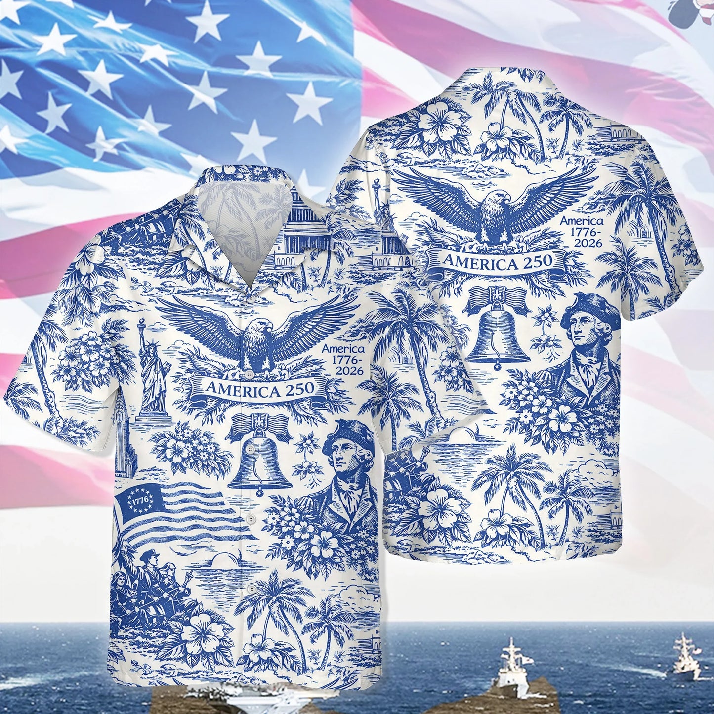 America 250th Anniversary Toile De Jouy Style Patriotic Hawaii Shirt