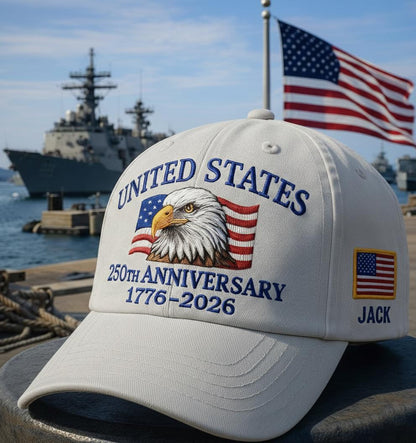 Custom Name United States 250th Anniversary Hat 1776–2026, White Eagle Embroidered Cap, Patriotic USA Basebal Cap, America Veteran Gift