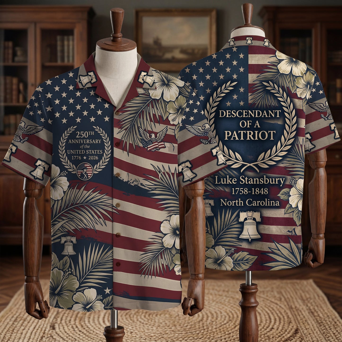 Personalized 250 Years of America Hawaiian Shirt, Custom Name Descendant of a Patriot, Luke Stansbury 1758-1848 Tee