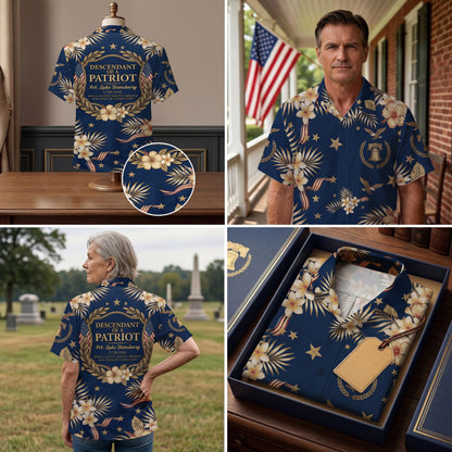 Personalized 250 Years of America Hawaiian Shirt, Custom Name Descendant of a Patriot, Luke Stansbury 1758-1848 Tee