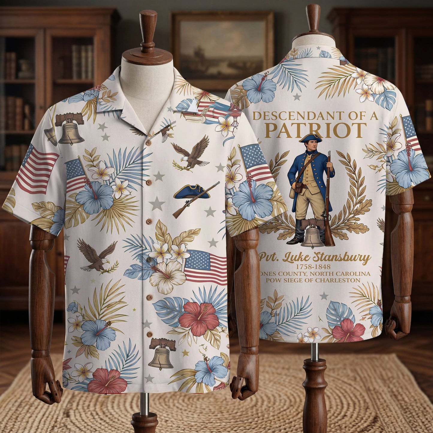 Personalized 250 Years of America Hawaiian Shirt, Custom Name Descendant of a Patriot, Luke Stansbury 1758-1848 Tee