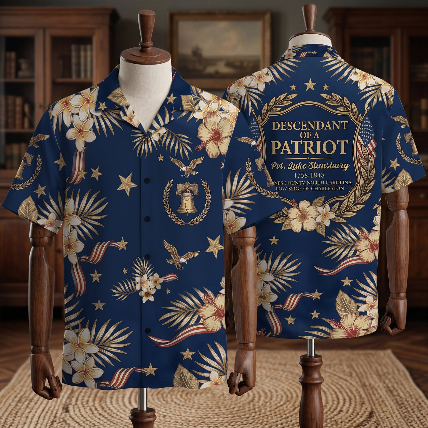Personalized 250 Years of America Hawaiian Shirt, Custom Name Descendant of a Patriot, Luke Stansbury 1758-1848 Tee