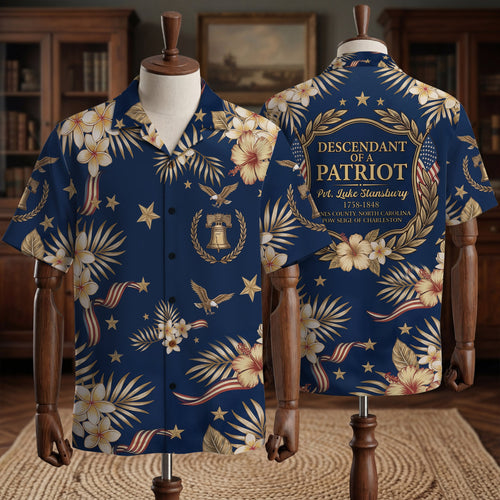 Personalized 250 Years of America Hawaiian Shirt, Custom Name Descendant of a Patriot, Luke Stansbury 1758-1848 Tee
