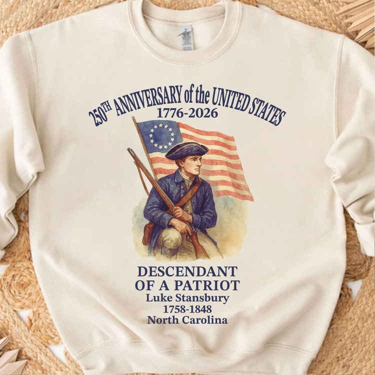 Personalized 250 Years of America Shirt, Custom Name Descendant of a Patriot, Patriotic 1776–2026