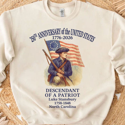 Personalized 250 Years of America Shirt, Custom Name Descendant of a Patriot, Patriotic 1776–2026